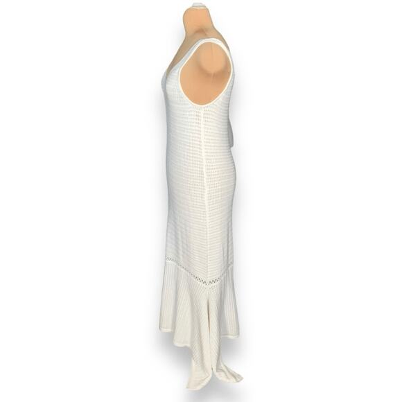 Scoop White Knit High-Low Mermaid Hem Flowy Dress Crochet Cutout Detail Maxi - Picture 3 of 9